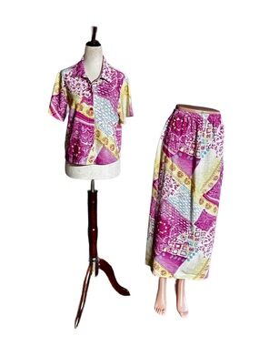 Cactus Flower ~ Medium ~ Vtg ~ USA ~ Pink & Yellow ~ Floral ~ 2 Piece Dress